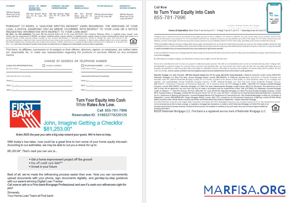 Printable USA Bay First bank mortgage loan statement in Word and PDF formats , 4 pages 3 4 sample